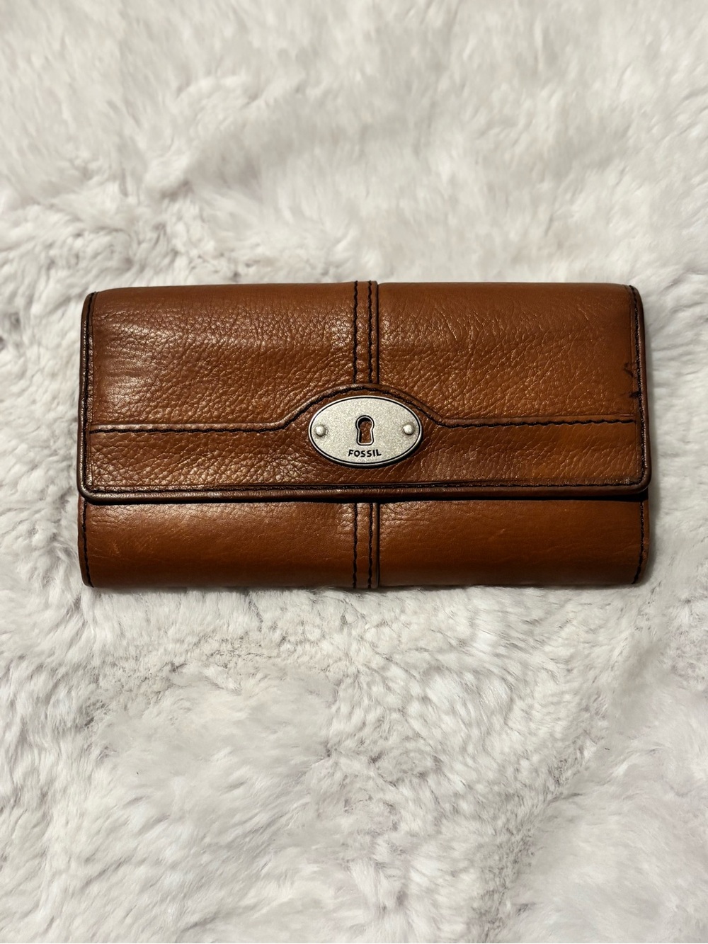 Fossil Maddox Marlow Chestnut Brown Leather Trifold Flap Wallet Vintage